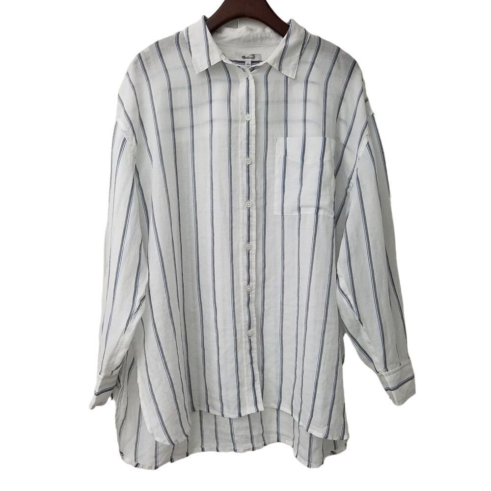 Madewell White Button-Down Shirt with Navy Stripe